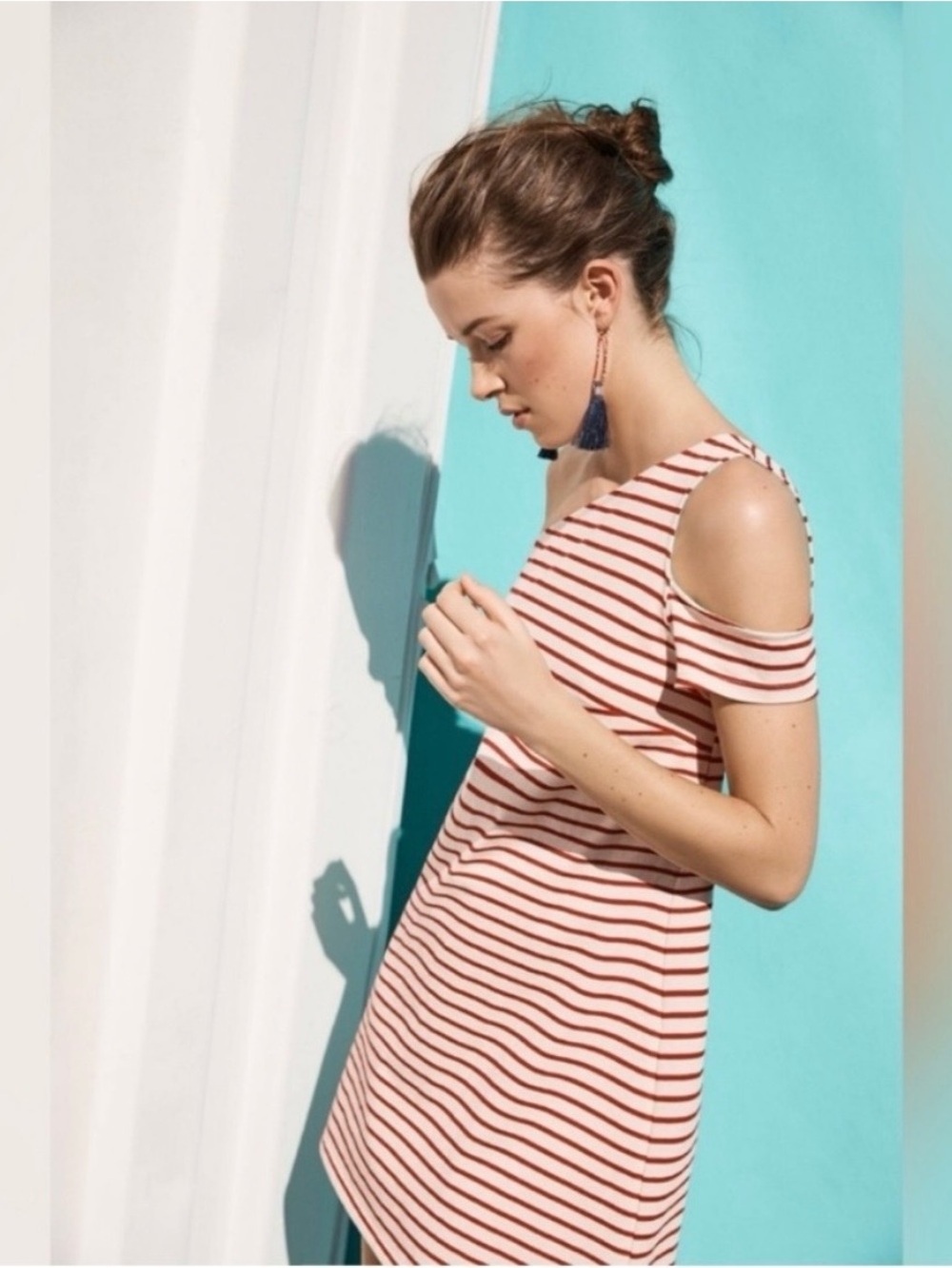 Maeve Red and Cream Striped One-Shoulder Knit Dress